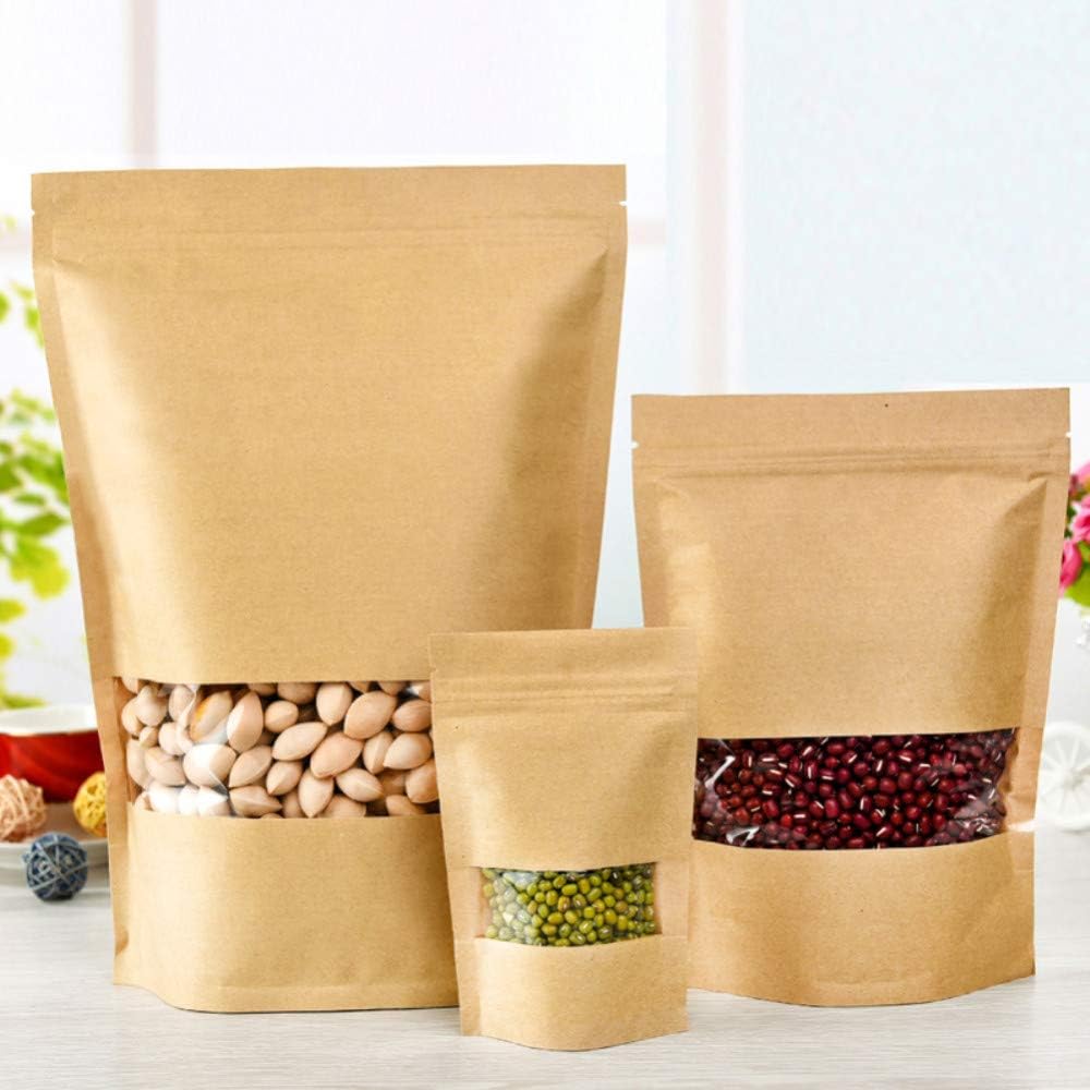50 Pieces (6 Sizes Available) Kraft Ziplock Bags with Window Stand-Up Bag Seal Paper Bag Resealable Large Food, Hurd Storage Pouch - Image 3