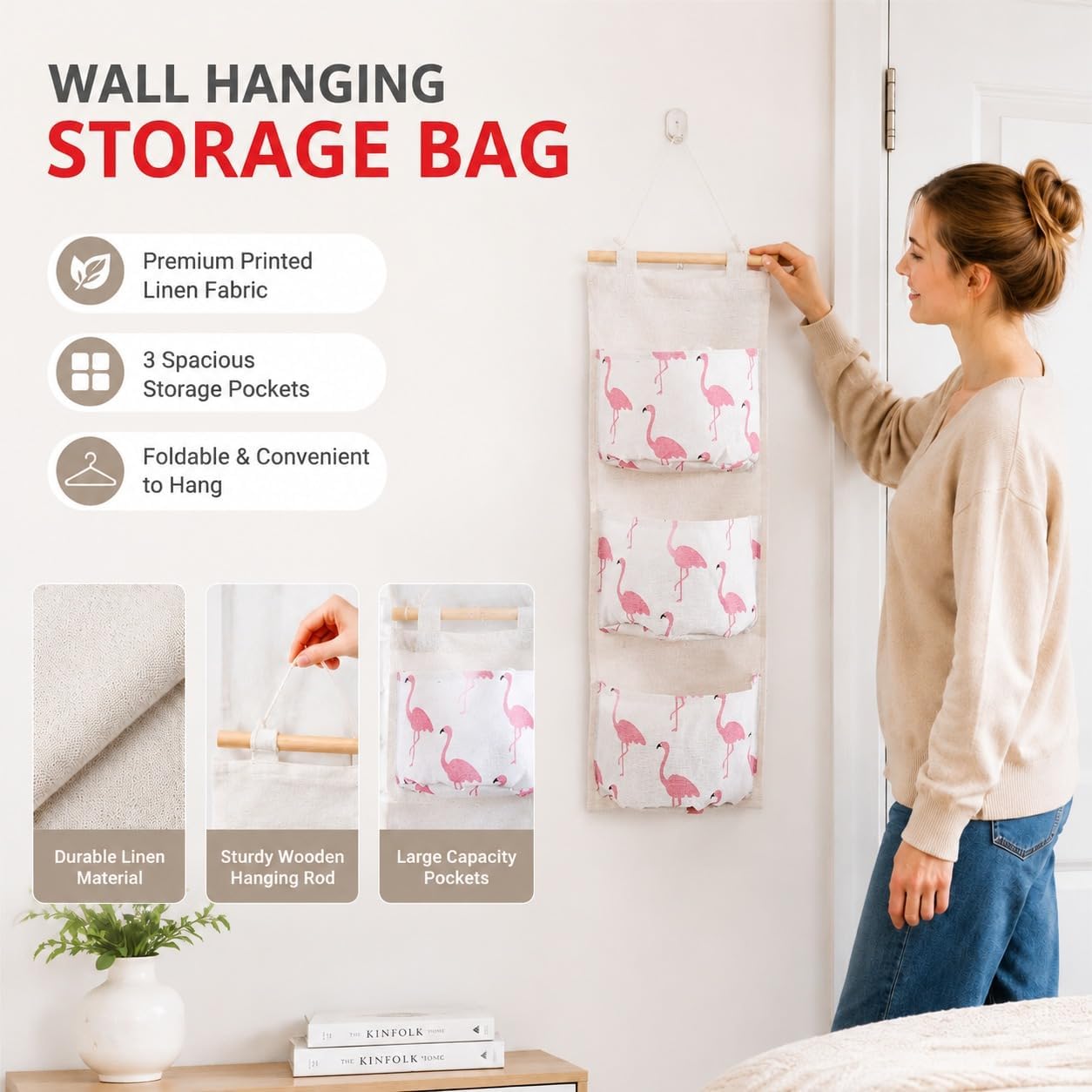 Red Dot Gift® 1-Pack Wall Hanging Storage Bag Organizer (57x20) cm - Foldable Linen Fabric with 3 Pockets for Kids Room, Bedroom, Bathroom, Nursery - Image 8