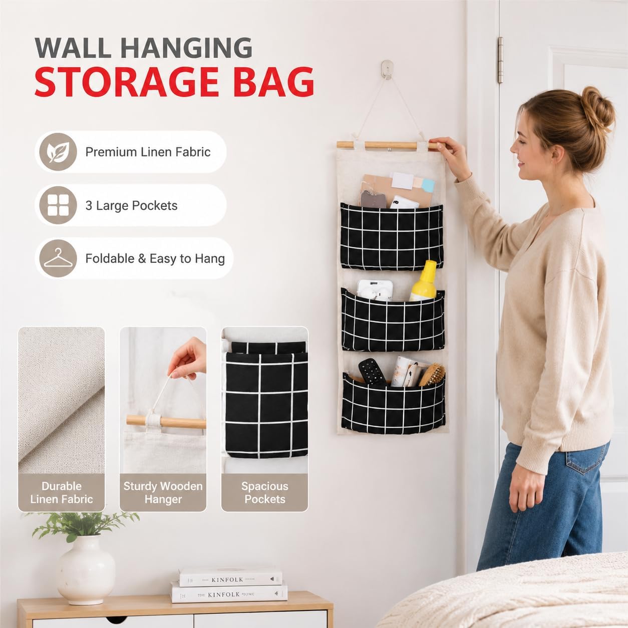 Red Dot Gift® 1-Pack Wall Hanging Storage Bag Organizer (57x20) cm - Foldable Linen Fabric with 3 Pockets for Kids Room, Bedroom, Bathroom, Nursery - Image 5