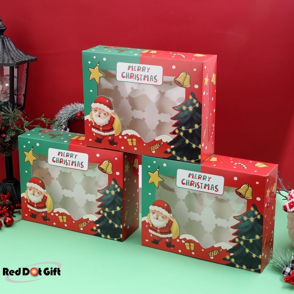12 Cavities Christmas Paper Cupcake Box, Gift Box with Inserts Cupcake Containers, Bakery Cake Carriers for Home Dessert Shop - Image 4