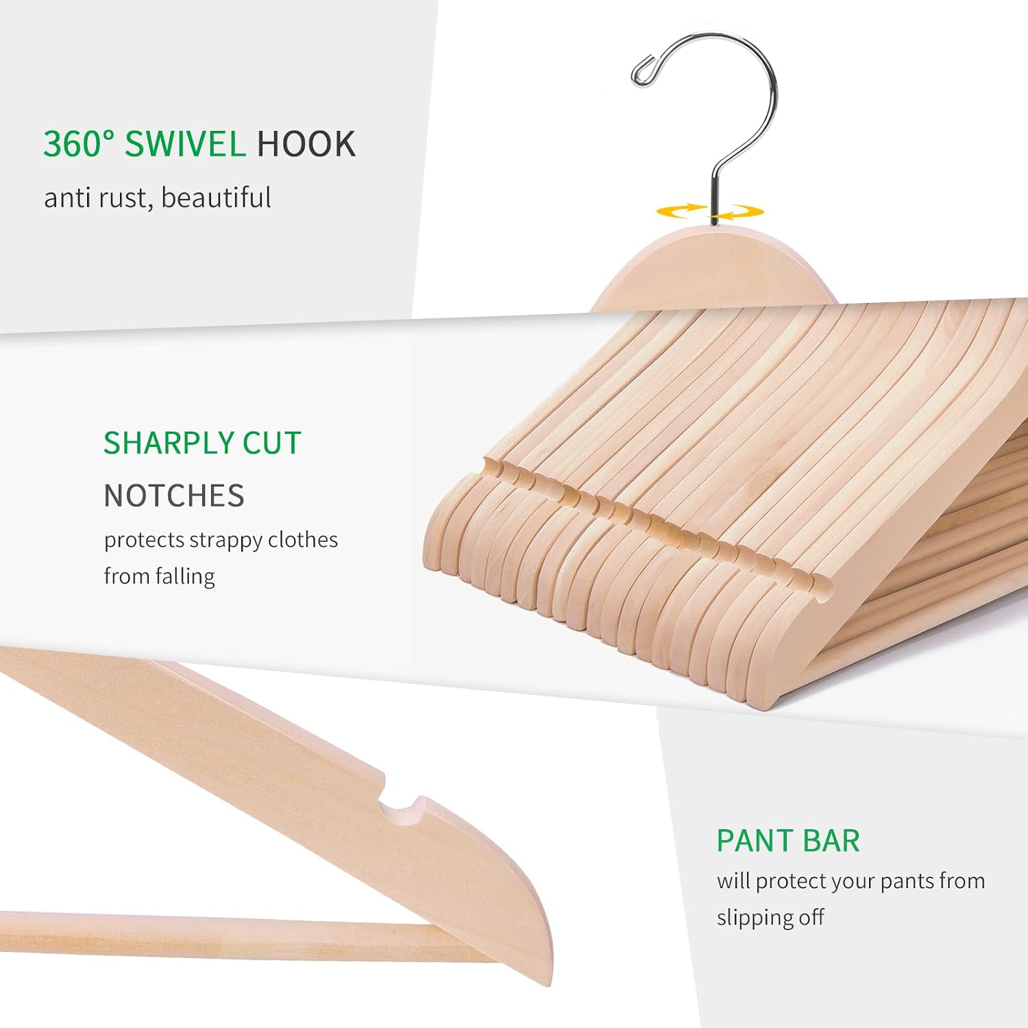 Adult Unfinished/Natural Wood Solid Eco Clothes Hangers, Wooden Hanger, Wood Suit Coat Jacket Hanger with Extra Smoothly Cut Notches and Bar -360° Stronger Rotatable Hook - Image 9