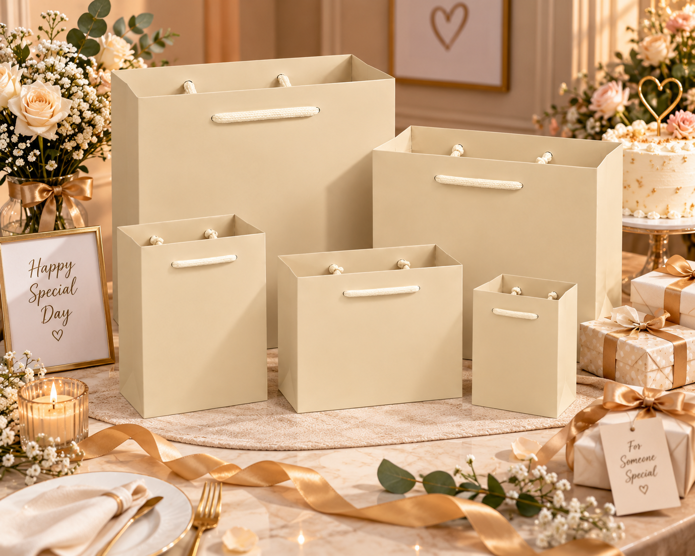 Beige Color Textured Paper Gift Bags - Premium Decorative Shopping & Party Favor Bags for Birthday, Mother’s Day, Baby Shower, Bridal Shower, Wedding Gifts & Retail Packaging. - Image 4