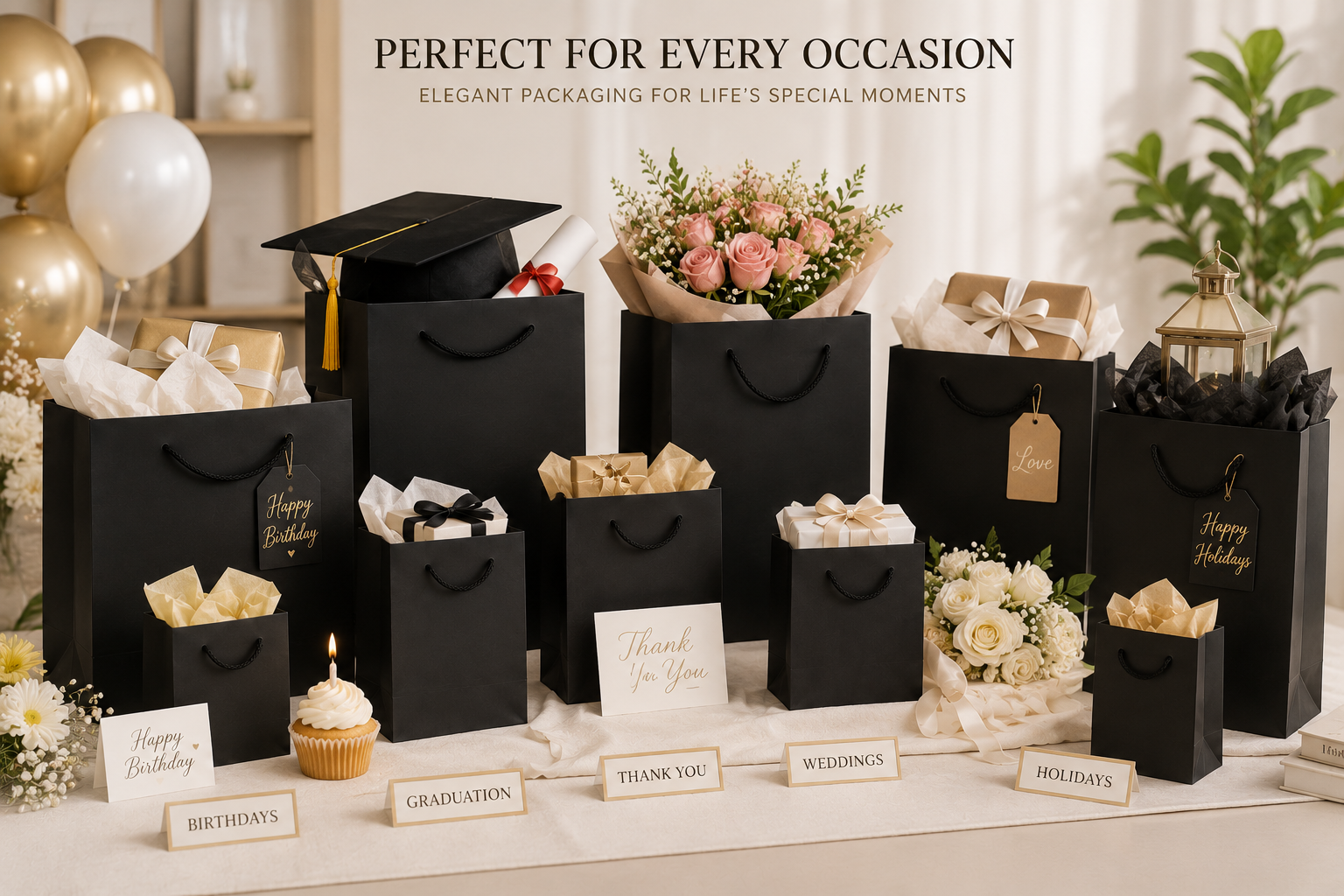 Black Color Textured Paper Gift Bags - Premium Decorative Shopping & Party Favor Bags for Birthday, Mother’s Day, Baby Shower, Bridal Shower, Wedding Gifts & Retail Packaging. - Image 3