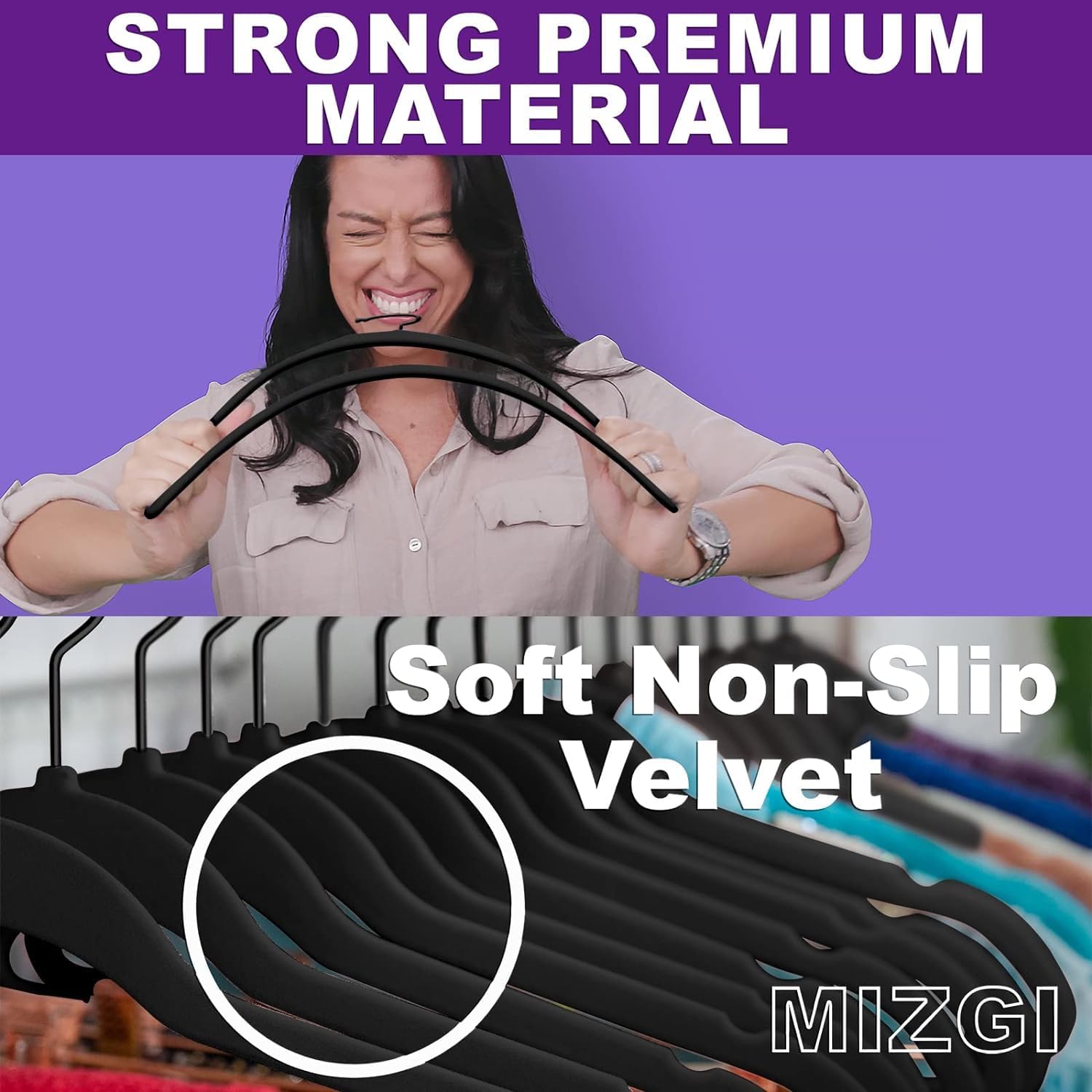 MIZGI Premium Full Black Velvet Hangers with Black Hooks Heavy Duty - Non Slip Felt Hangers - 360 Degree Swivel,Space Saving Clothes Hangers,Durable Strong Hangers for Suits,Coat - Image 3