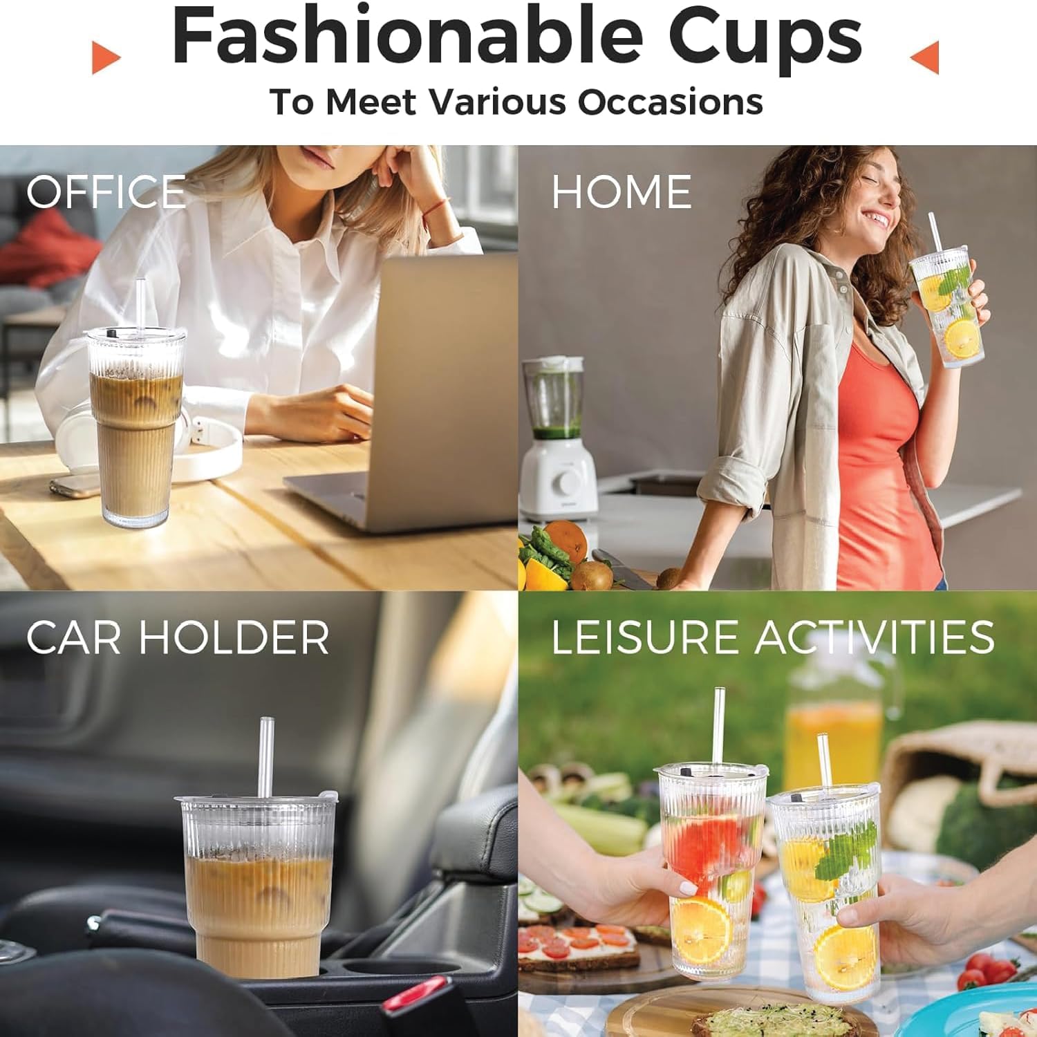Red Dot Gift 2-Pack Ribbed Clear Glass Tumbler Set with Lids and Straws, Thick Drinking Glasses for Iced Coffee, Smoothies, and Cold Beverages - Image 7