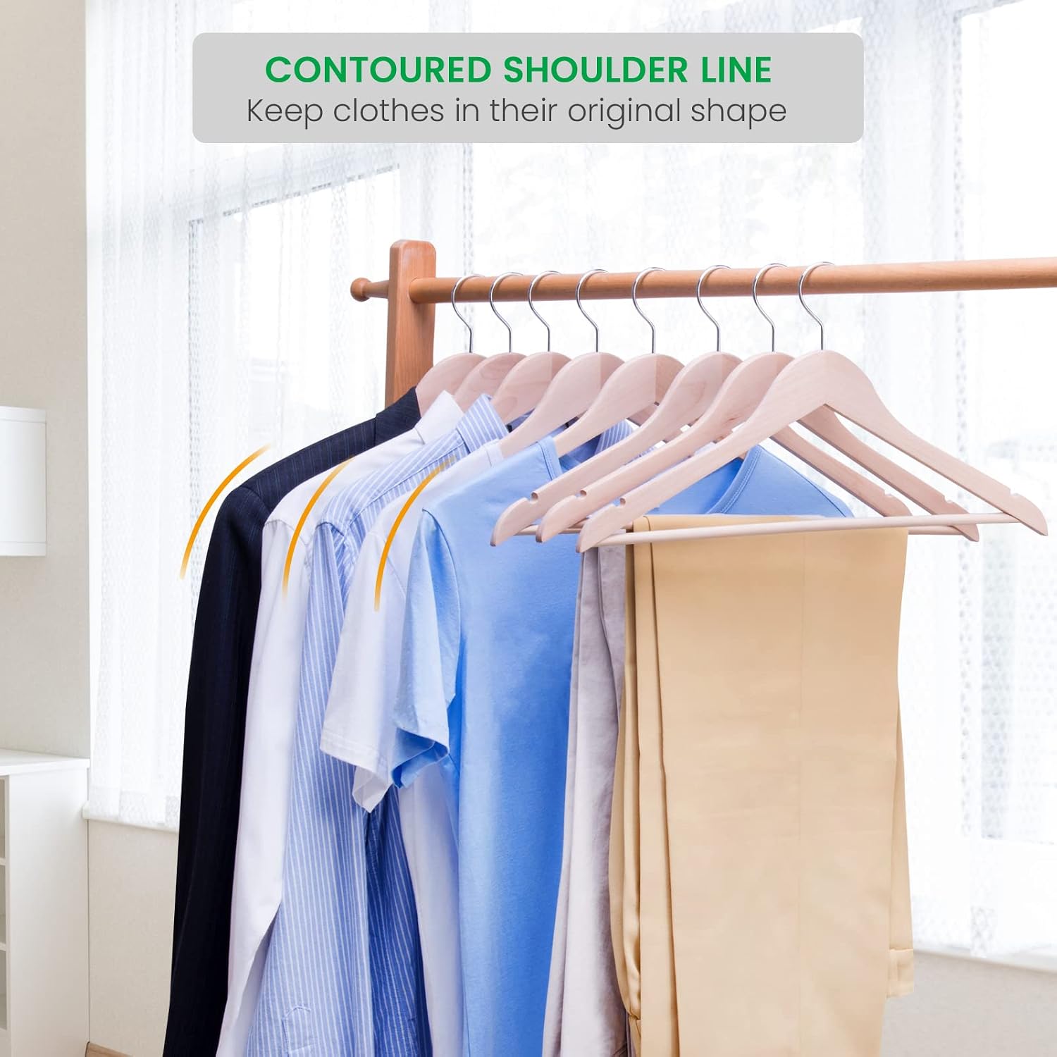 Adult Unfinished/Natural Wood Solid Eco Clothes Hangers, Wooden Hanger, Wood Suit Coat Jacket Hanger with Extra Smoothly Cut Notches and Bar -360° Stronger Rotatable Hook - Image 8
