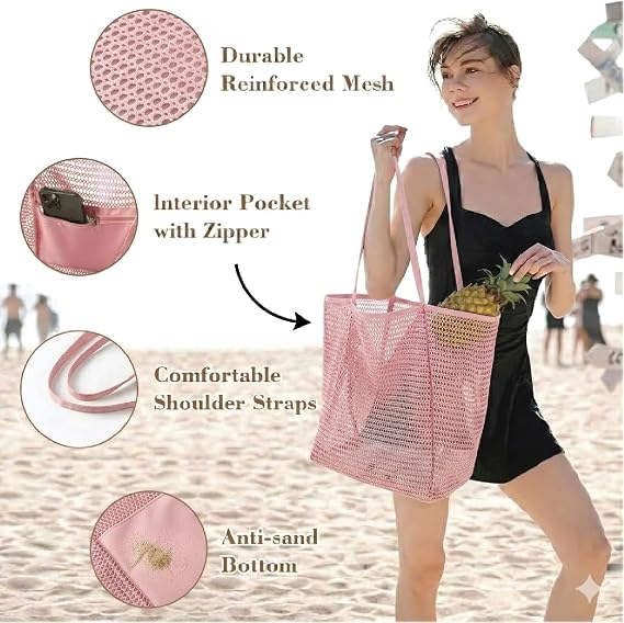 Red Dot Gift Mesh Beach Bag - Large Foldable Tote Bag with Zippered Pocket, Lightweight Breathable Sandproof Shoulder Bag for Vacation, Swimming & Gym | Mesh Beach Bag. - Image 6