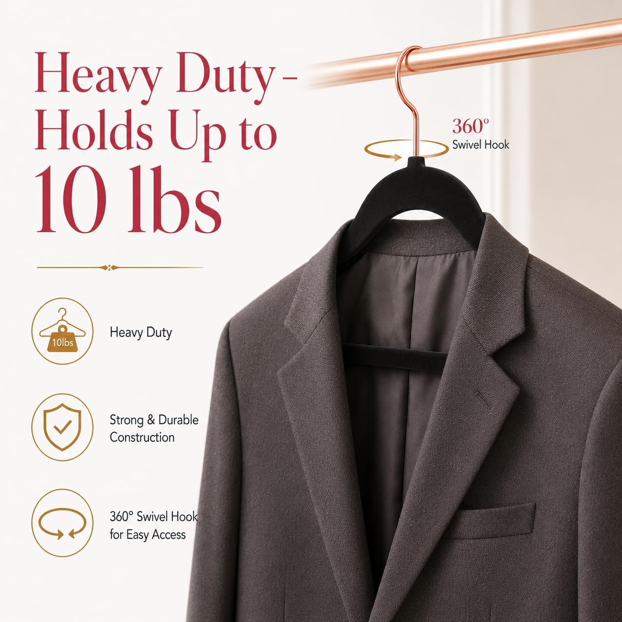 Premium Velvet Hangers with 360-Degree Swivel Rose Gold Hooks (45cm) – Ultra-Slim Space-Saving Non-Slip Heavy-Duty Clothes Hangers for Suits, Shirts, Coat & Dresses - Image 6