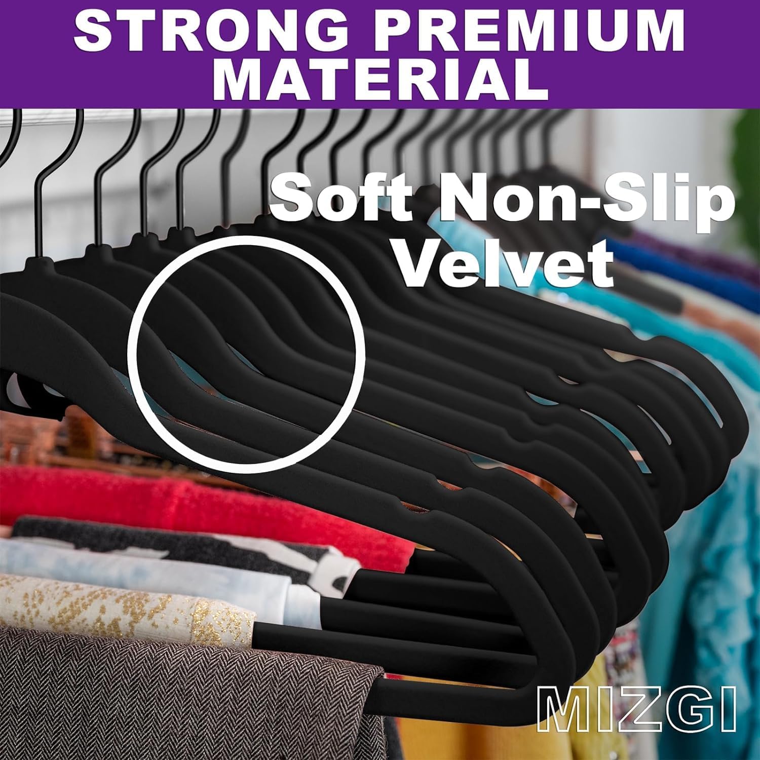 MIZGI Premium Full Black Velvet Hangers with Black Hooks Heavy Duty - Non Slip Felt Hangers - 360 Degree Swivel,Space Saving Clothes Hangers,Durable Strong Hangers for Suits,Coat - Image 5