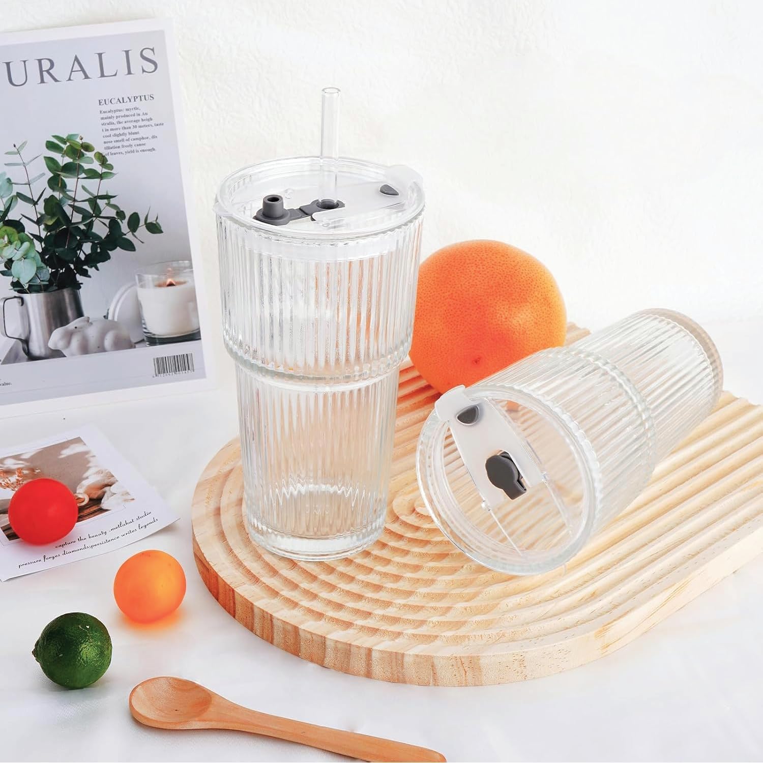 Red Dot Gift 2-Pack Ribbed Clear Glass Tumbler Set with Lids and Straws, Thick Drinking Glasses for Iced Coffee, Smoothies, and Cold Beverages - Image 6