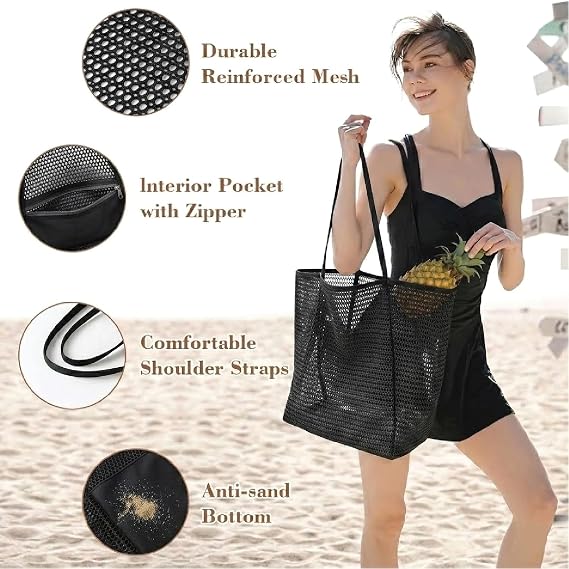 Red Dot Gift Mesh Beach Bag - Large Foldable Tote Bag with Zippered Pocket, Lightweight Breathable Sandproof Shoulder Bag for Vacation, Swimming & Gym | Mesh Beach Bag. - Image 7