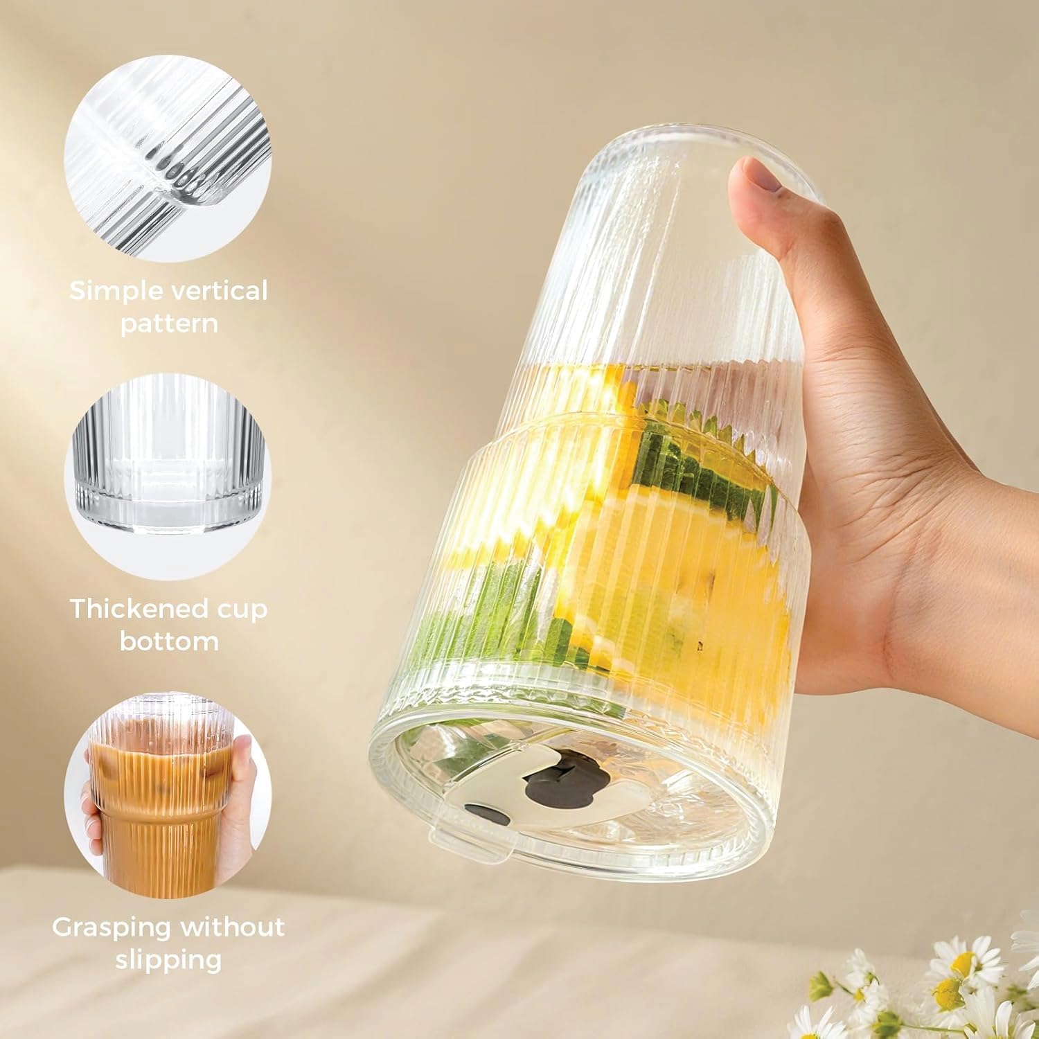 Red Dot Gift 2-Pack Ribbed Clear Glass Tumbler Set with Lids and Straws, Thick Drinking Glasses for Iced Coffee, Smoothies, and Cold Beverages - Image 2