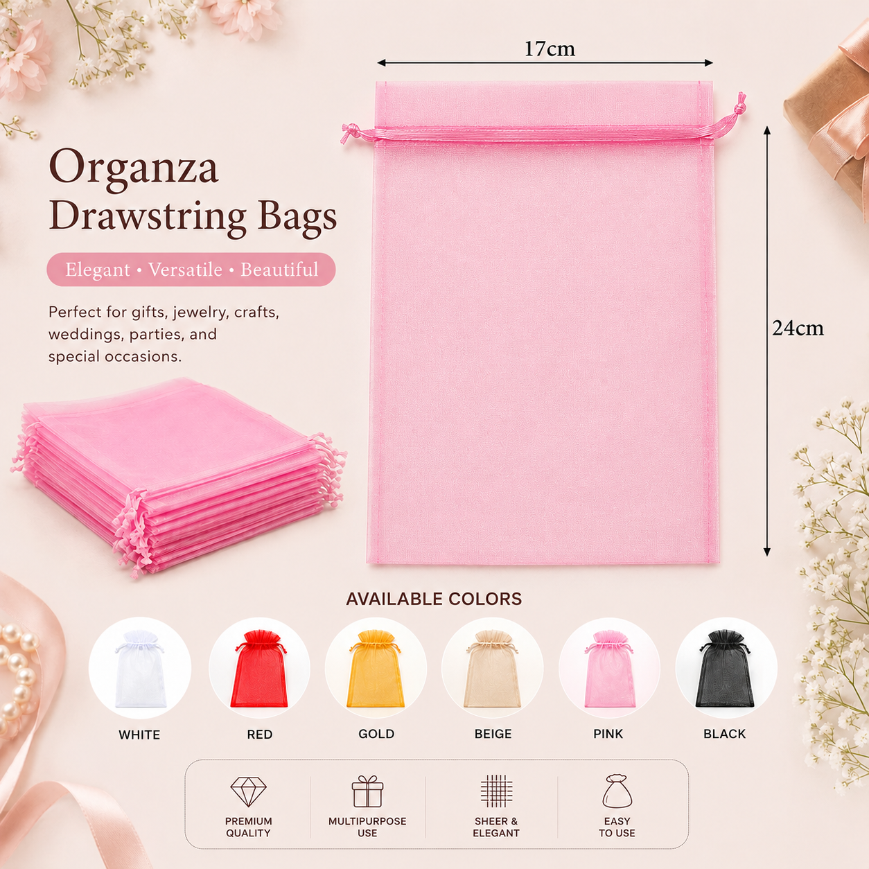Pack Of 50 Pcs 17×24cm (6 Colors Available) Drawstring Organza Pouches, Premium Jewelry Pouches, Party Festival Gift Pouches. - Image 2