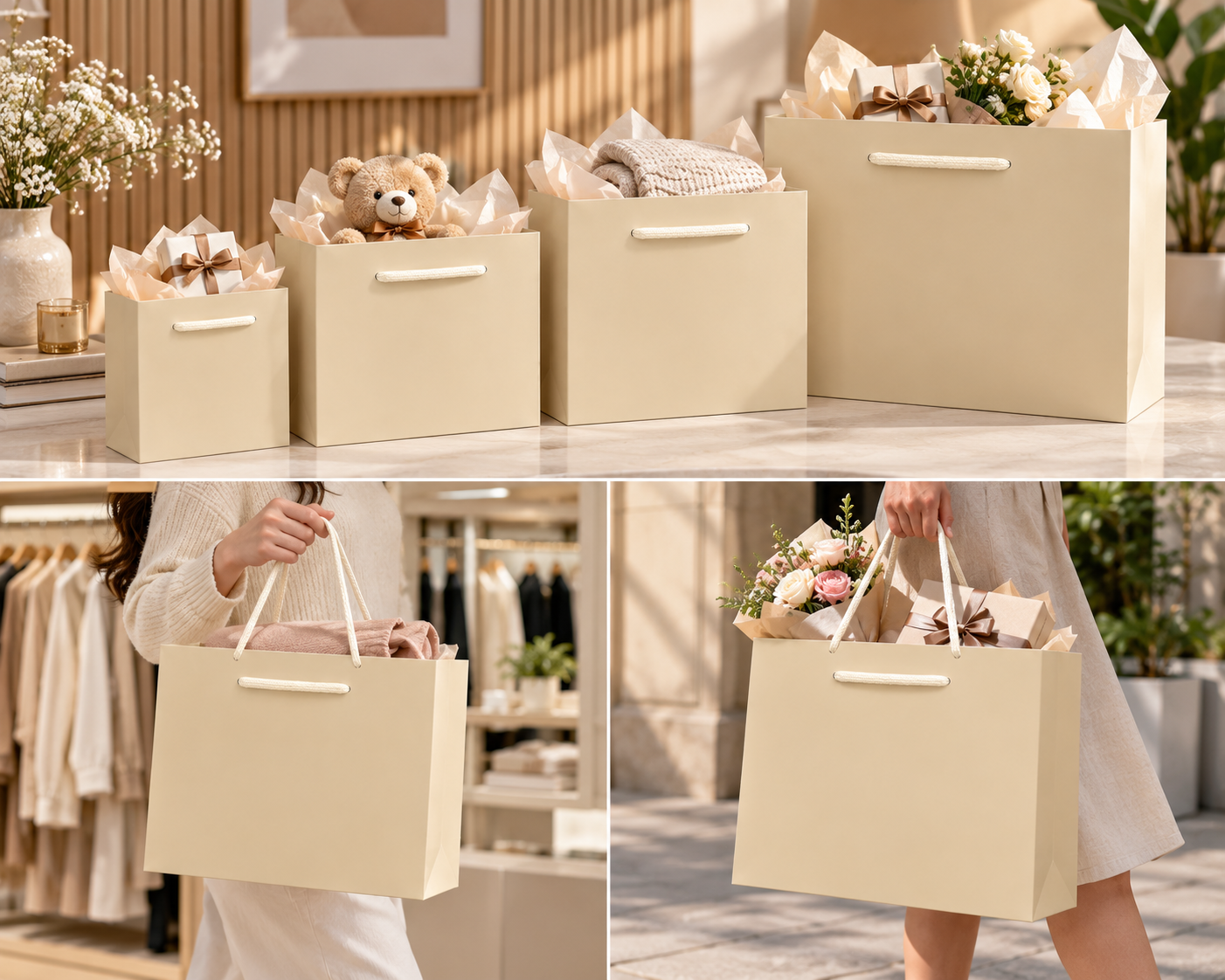 Beige Color Textured Paper Gift Bags - Premium Decorative Shopping & Party Favor Bags for Birthday, Mother’s Day, Baby Shower, Bridal Shower, Wedding Gifts & Retail Packaging. - Image 3