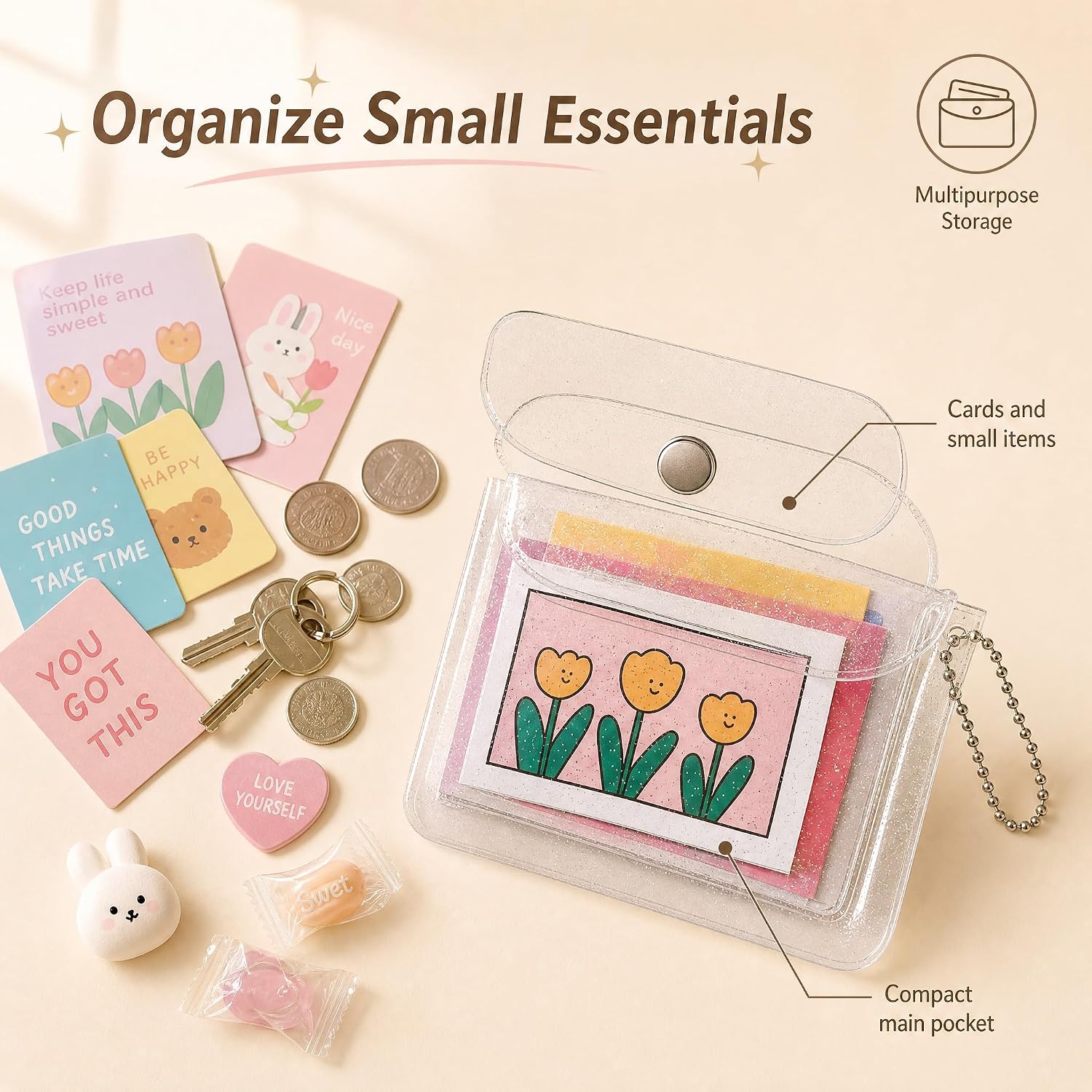 Red Dot Gift Clear Glitter Card Holder Wallet - Portable PVC Cute Shiny Bus ID Credit Card Case with Keychain & Coin Pocket, Mini Transparent Multipurpose Organizer for Women & Girls - Image 5