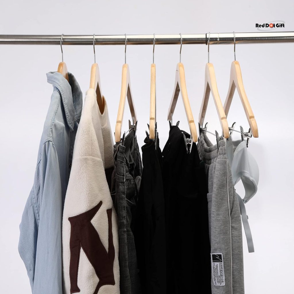 premium wooden suit hangers with non-slip clips and 360 degree swivel hooks