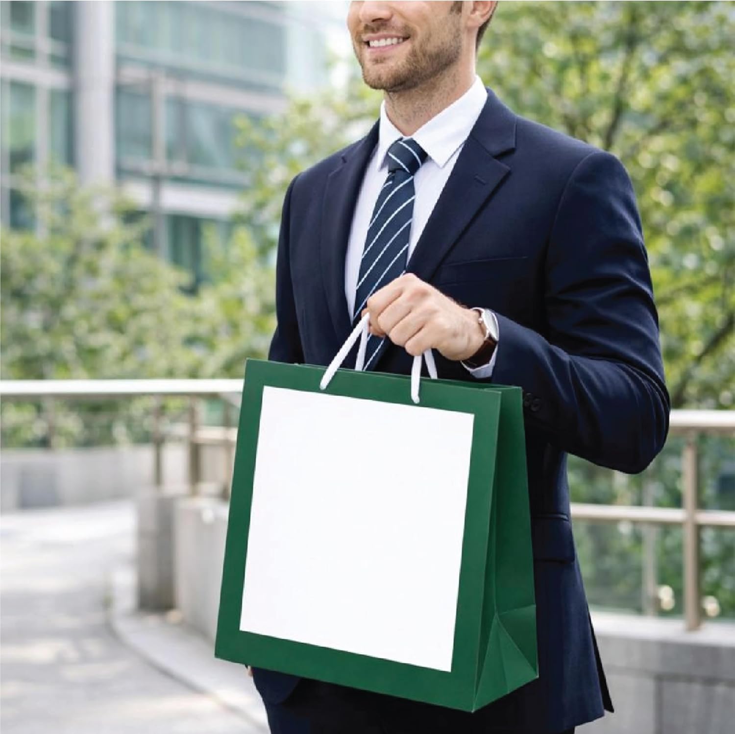 Red Dot Gift® White with Green\grey (3 Sizes Available): Border Gift Bags, Shopping Bag Party Favor Bags with Grosgrain Ribbon Handle for Birthday. - Image 3
