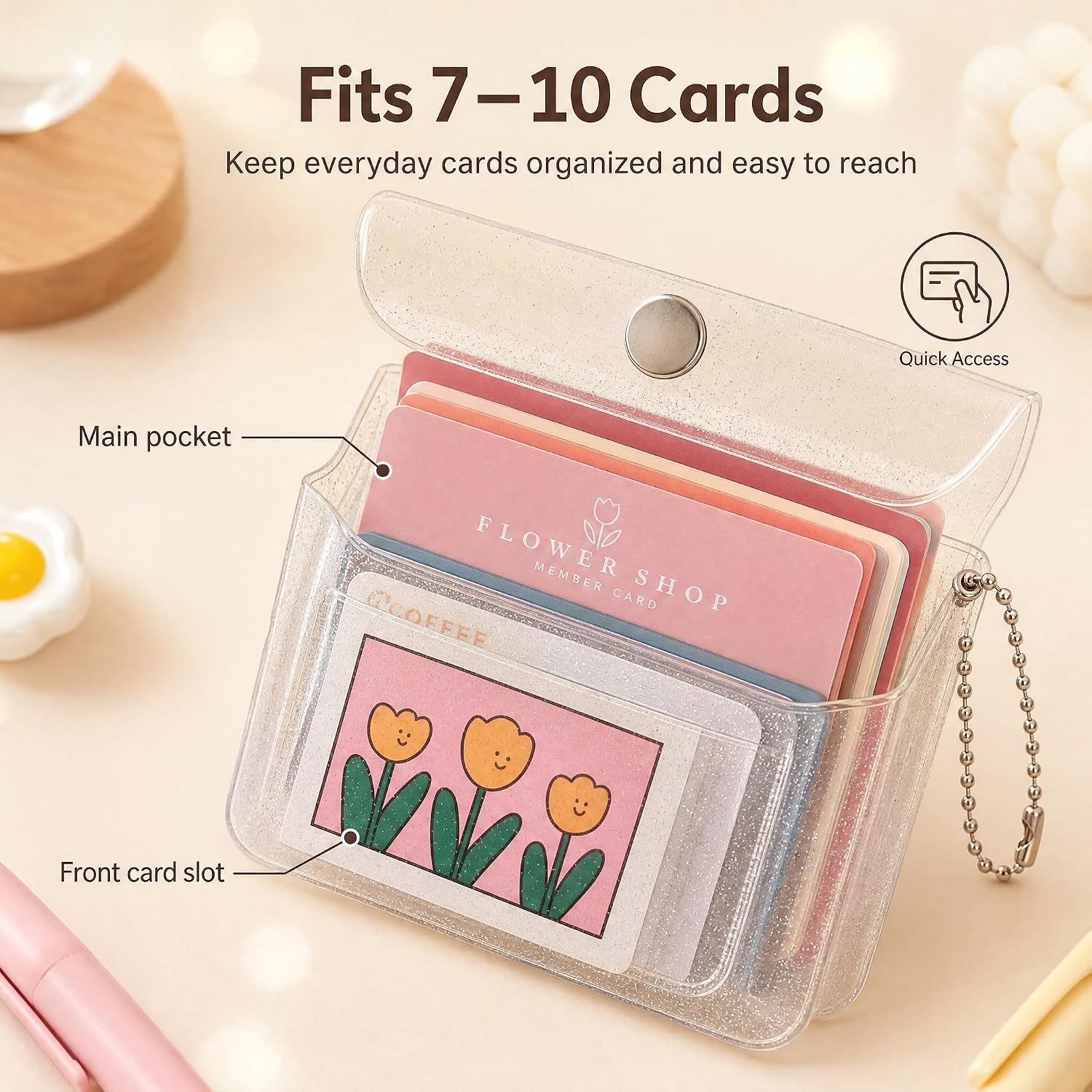 Red Dot Gift Clear Glitter Card Holder Wallet - Portable PVC Cute Shiny Bus ID Credit Card Case with Keychain & Coin Pocket, Mini Transparent Multipurpose Organizer for Women & Girls - Image 4