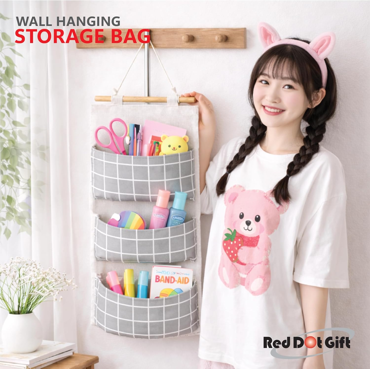 Red Dot Gift® 1-Pack Wall Hanging Storage Bag Organizer (57x20) cm - Foldable Linen Fabric with 3 Pockets for Kids Room, Bedroom, Bathroom, Nursery - Image 6