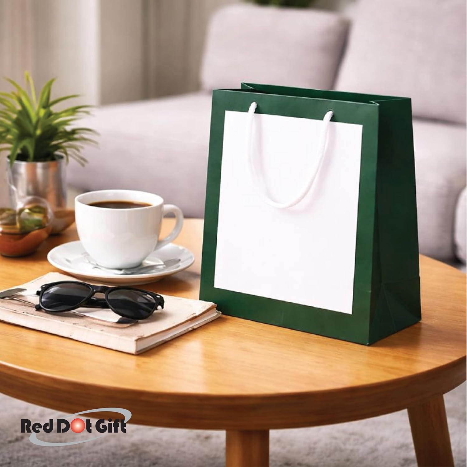 Red Dot Gift® White with Green\grey (3 Sizes Available): Border Gift Bags, Shopping Bag Party Favor Bags with Grosgrain Ribbon Handle for Birthday. - Image 2