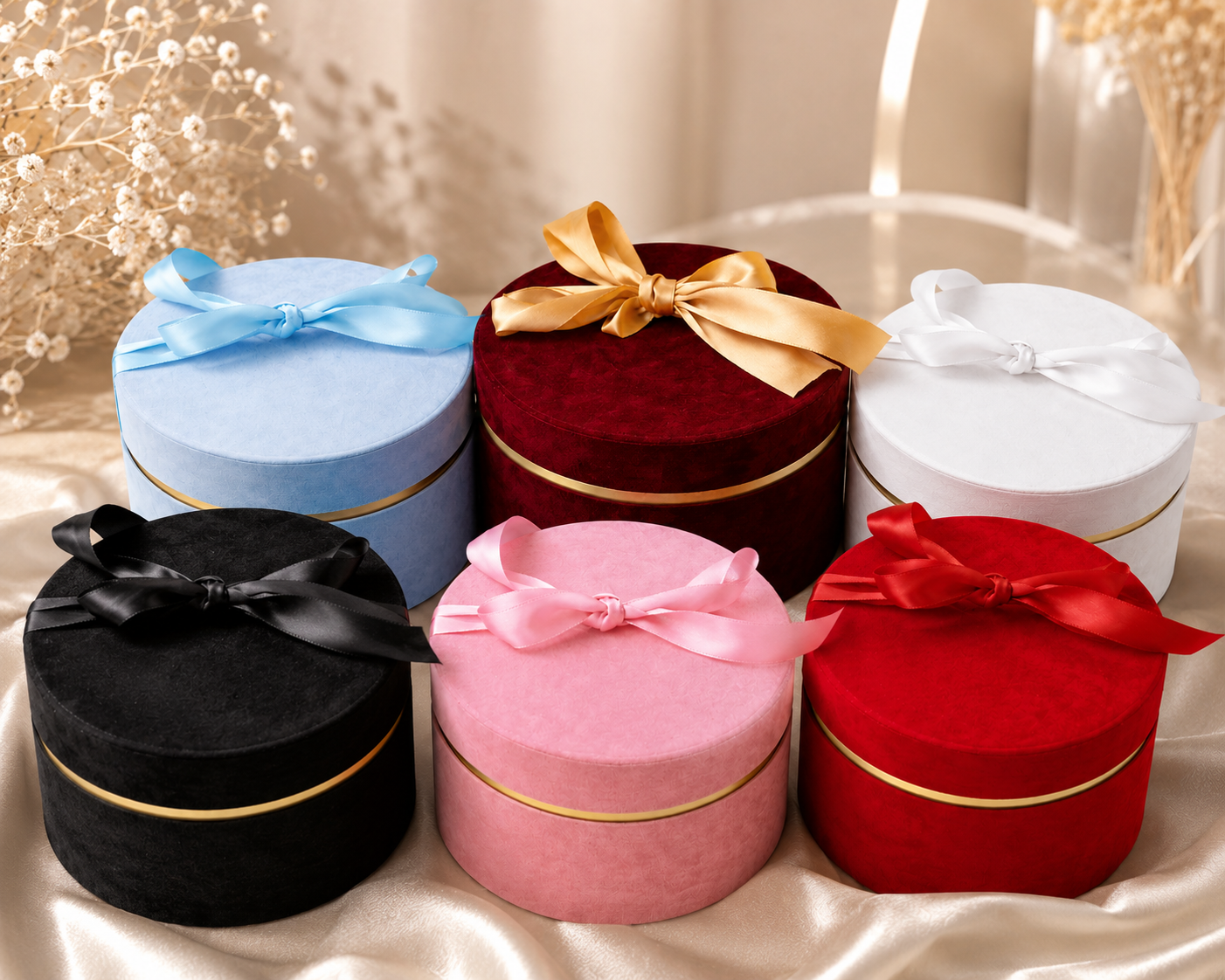 velvet gift box 12cm round with lid and ribbon