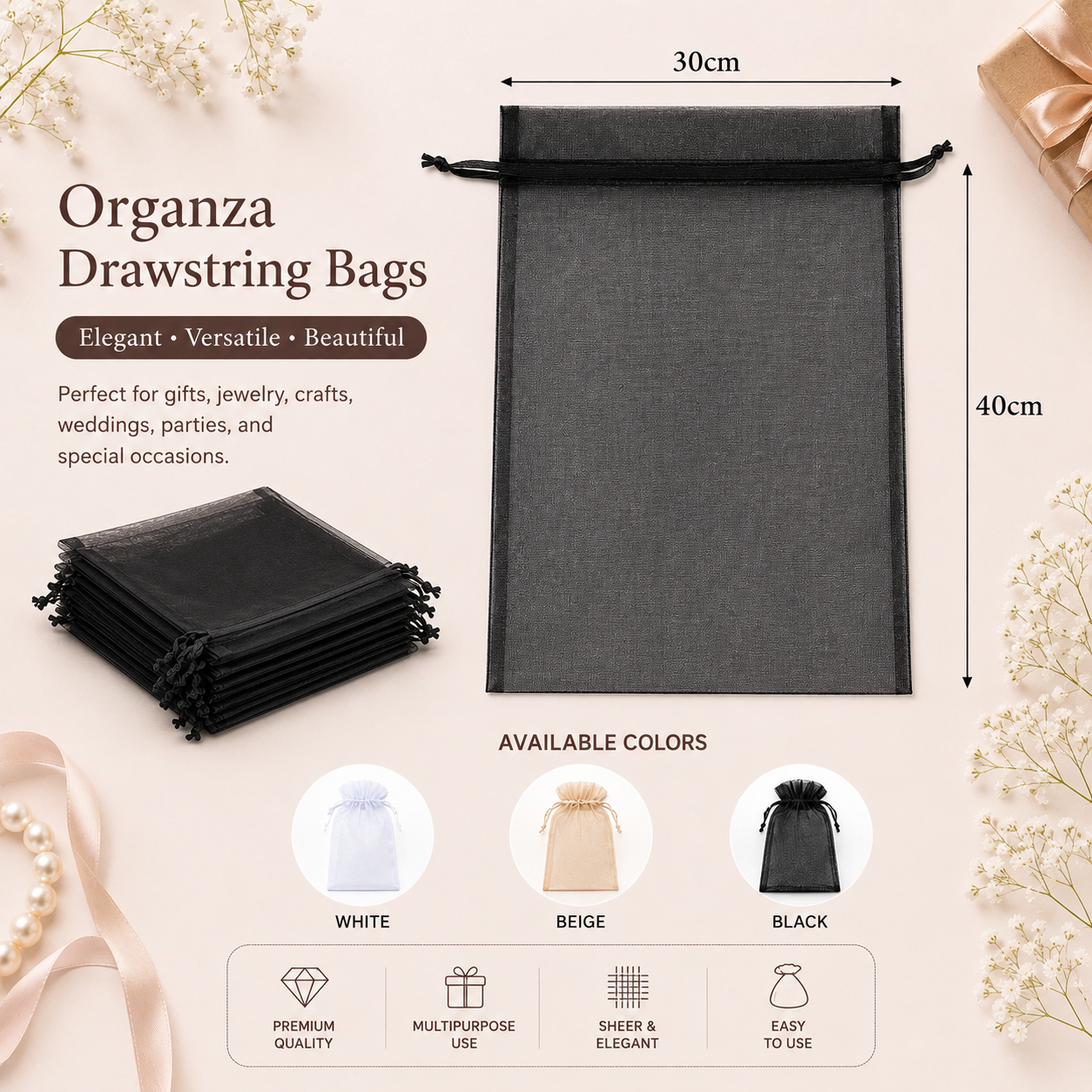 Pack Of 20 Pcs 30×40cm Drawstring Organza Pouches, (3 Color Available) Premium Jewelry Pouches, Party Festival Gift Pouches. - Image 2