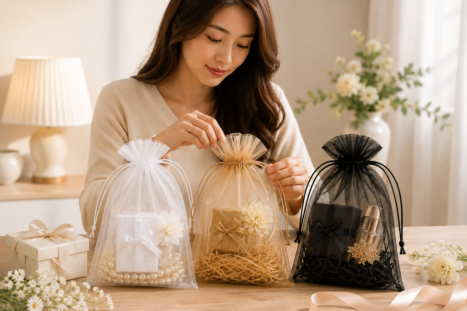 Pack Of 25 pcs 20x30 cm Drawstring Organza Pouches (3 Colors Available), Premium Jewelry Pouches, Party Festival Gift Pouches. - Image 5