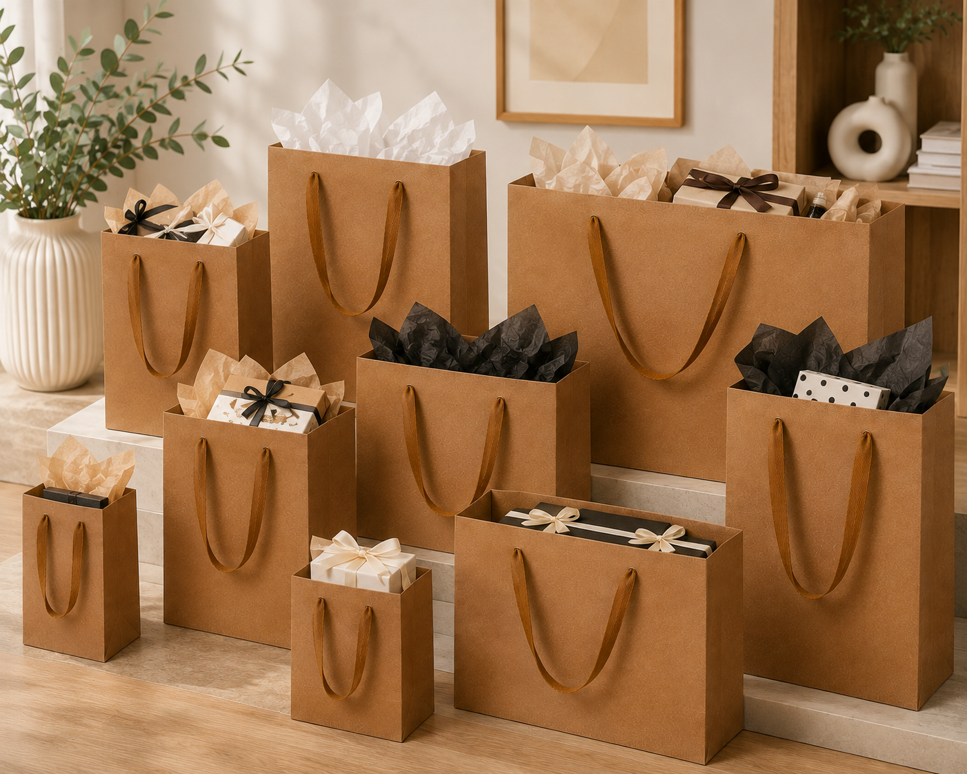 Kraft Plain Paper Shopping Gift Bags 230 GSM Heavy Duty Thick Paper Carry Bags with Soft Ribbon Handles, Brown Packaging Bags for Retail, Party Favors, Weddings & Birthdays - Image 2