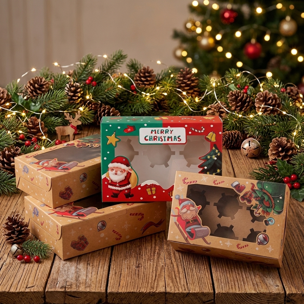6 Cavities Christmas Paper Cupcake Box,Gift Box with Inserts Cupcake Containers Bakery Cake Carriers for Home Dessert Shop