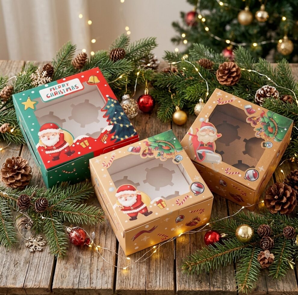 4 Cavities Christmas Paper Cupcake Box,Gift Box with Inserts Cupcake ...