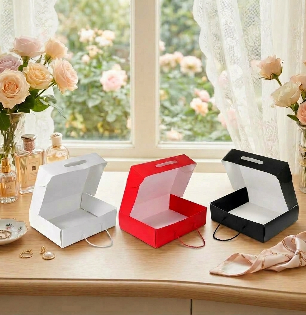 Flat DIY Gift Boxes Paper Quailty With Handle Made By 350Gram Thickness White Art Paper For Gifts,Dress,T shirts, Abayas.(H10*38*27.5Cm)