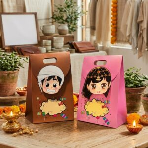 Red Dot Gift® Hag Al Laila Traditional Gift Bags (30x20x13cm) – Mid-Sha'ban Treat & Candy Bags with Arabic Calligraphy & Boy/Girl Festive Cartoon Designs, Sturdy Paperboard Party Favor Goodie Bags for Kids