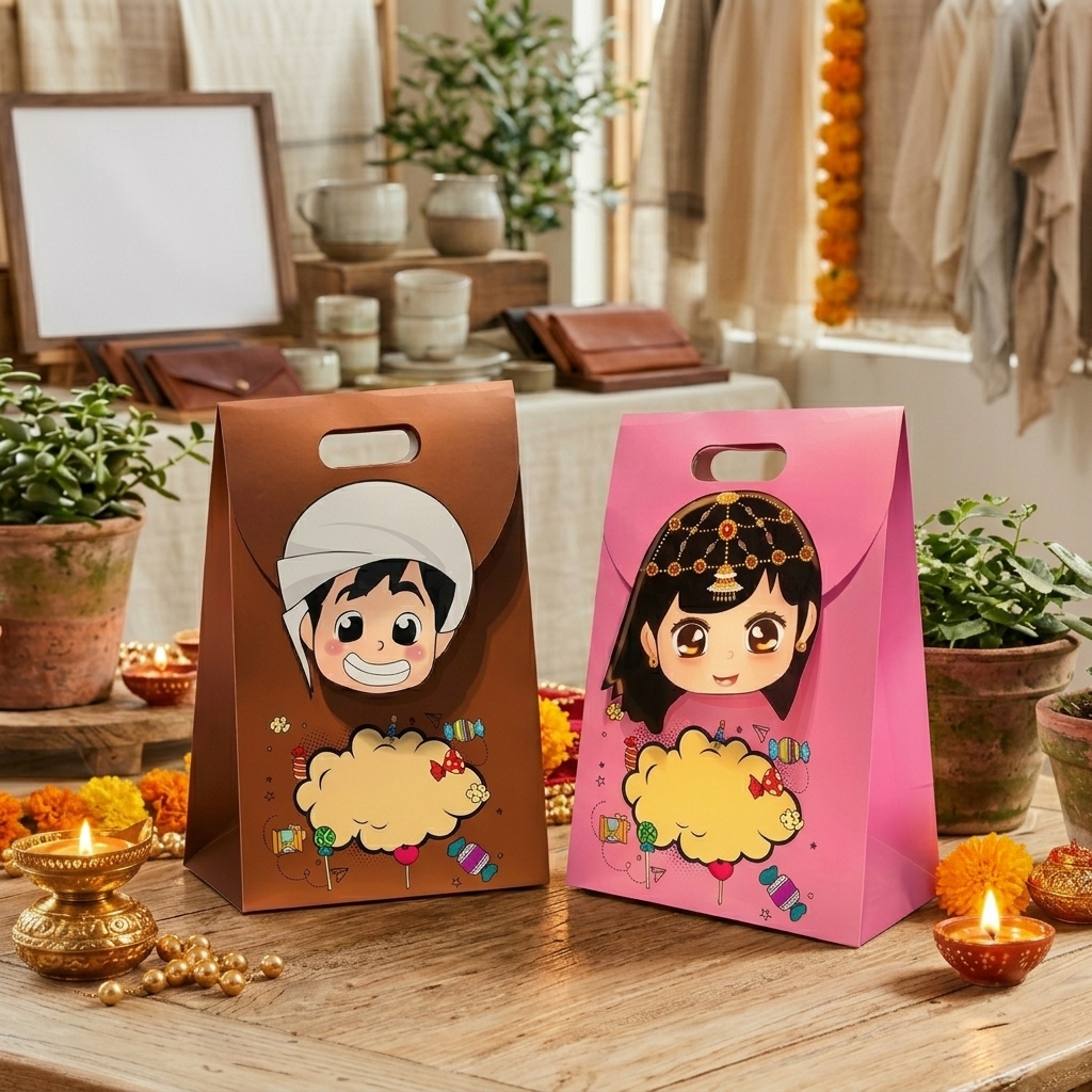 Red Dot Gift® Hag Al Laila Traditional Gift Bags (30x20x13cm) – Mid-Sha'ban Treat & Candy Bags with Arabic Calligraphy & Boy/Girl Festive Cartoon Designs, Sturdy Paperboard Party Favor Goodie Bags for Kids