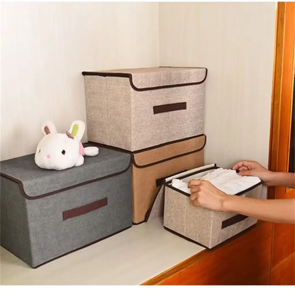 Large foldable cotton linen storage box with lid and handle