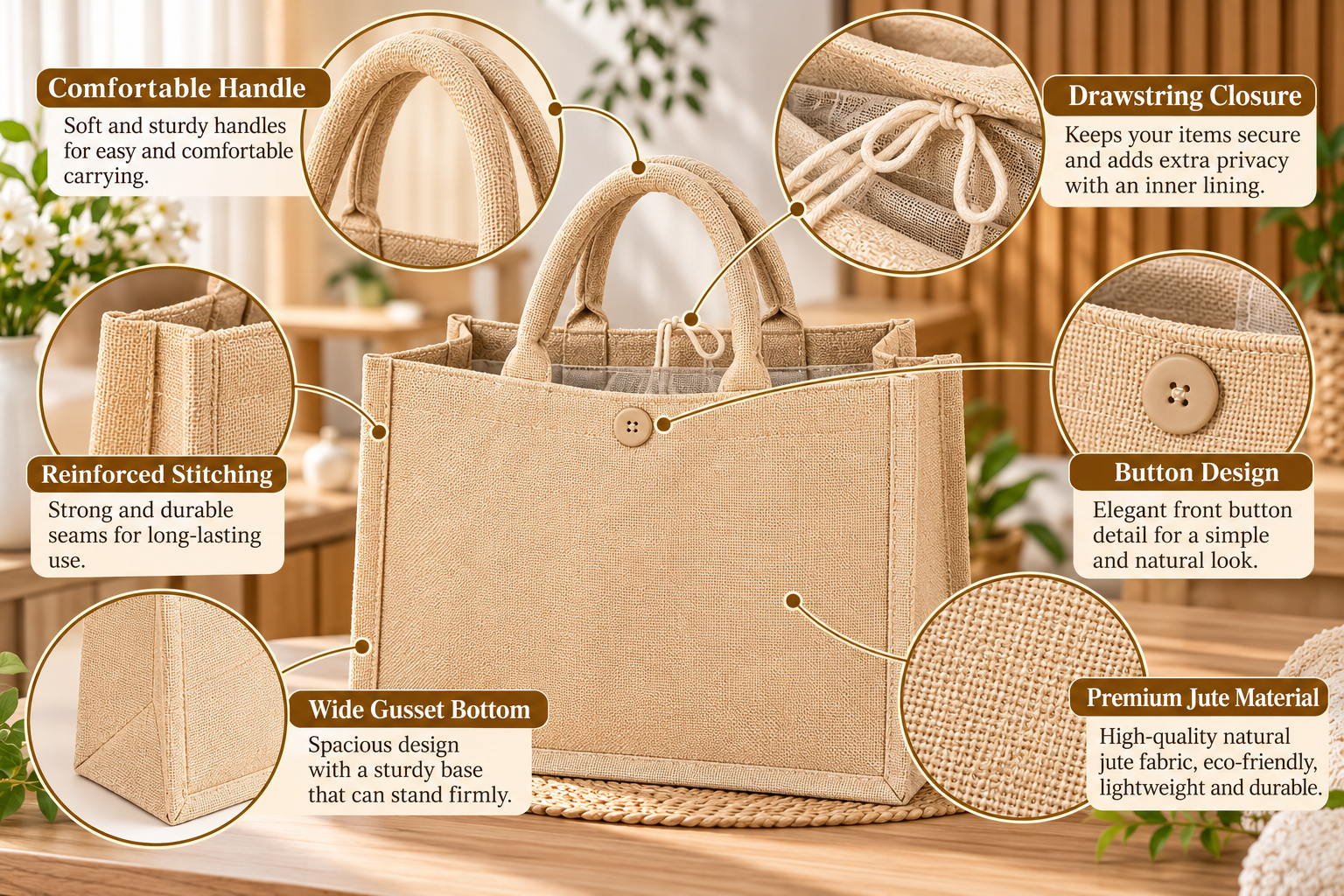Linen Pu Coating Reusable Jute Shopping Bag Beach Blonde Handbags Canvas Tote Bags For Women Grocery Bag Large - Image 2