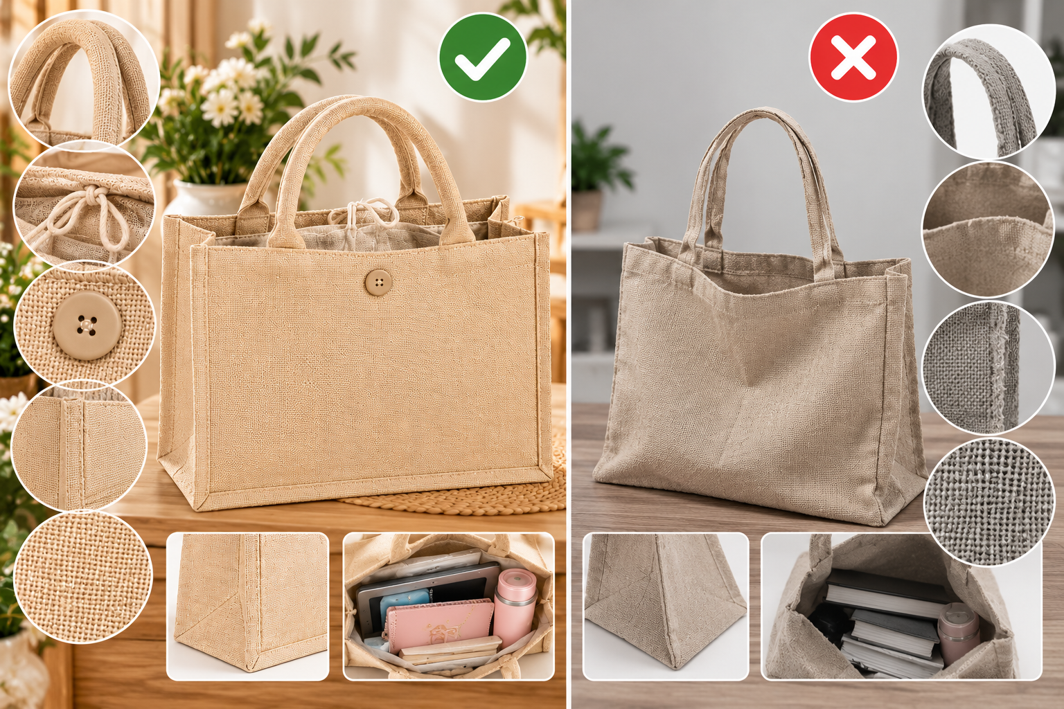 Linen Pu Coating Reusable Jute Shopping Bag Beach Blonde Handbags Canvas Tote Bags For Women Grocery Bag Large - Image 3