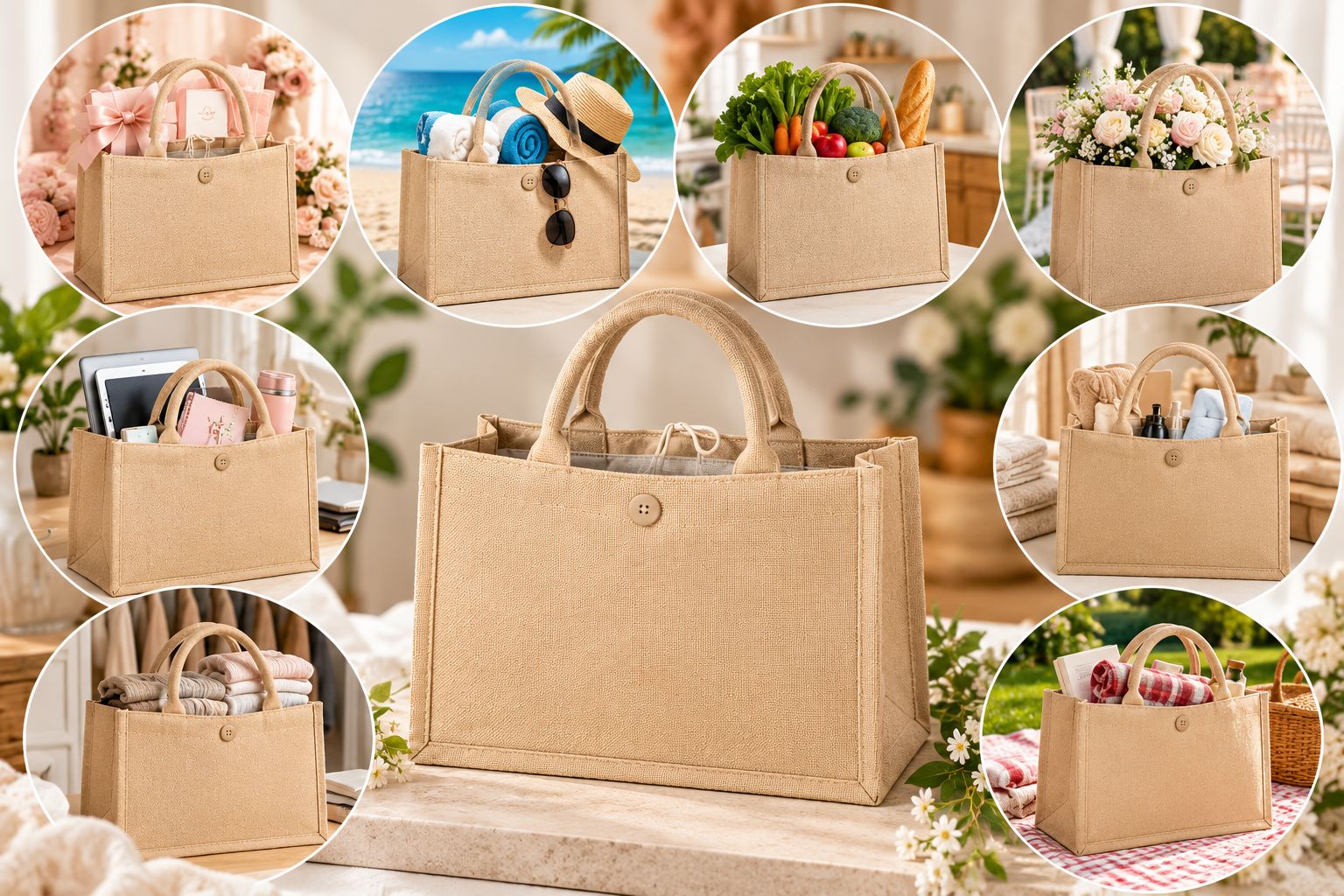 Linen Pu Coating Reusable Jute Shopping Bag Beach Blonde Handbags Canvas Tote Bags For Women Grocery Bag Large - Image 5