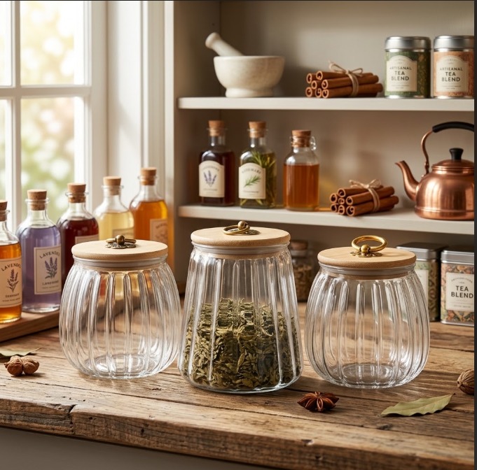 Red Dot Gift Tapered Glass Canister with Bamboo Lid & Antique Bronze/Gold Cloud Loop, Ribbed Trapezoidal Food Storage Jar for Coffee Beans, Loose Tea, Candy, Nuts, Kitchen Pantry