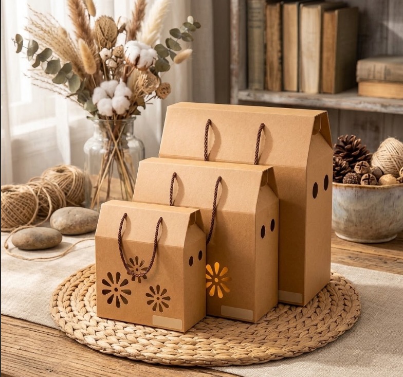 Kraft Paper Case Box with handles and floral cutout design