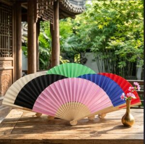 Folding bamboo paper fans in pink, black, green, blue and red