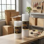 Clear bubble roll for packing, displayed beside cardboard boxes