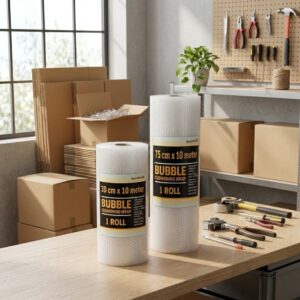 Clear bubble roll for packing, displayed beside cardboard boxes