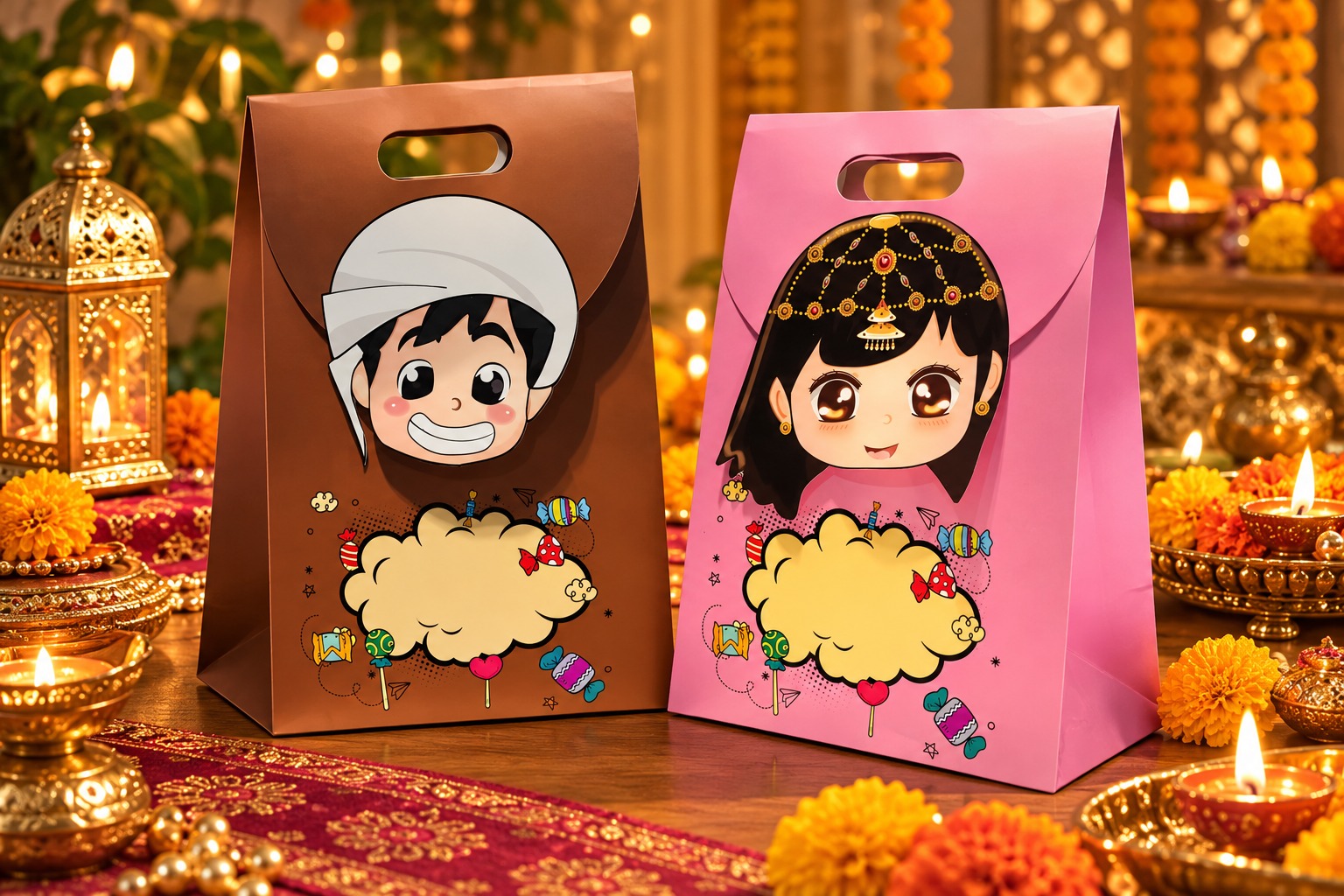 Red Dot Gift® Hag Al Laila Traditional Gift Bags (30x20x13cm) – Mid-Sha'ban Treat & Candy Bags with Arabic Calligraphy & Boy/Girl Festive Cartoon Designs, Sturdy Paperboard Party Favor Goodie Bags for Kids - Image 2