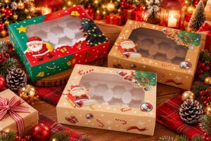 12 Cavities Christmas Paper Cupcake Box, Gift Box with Inserts Cupcake Containers, Bakery Cake Carriers for Home Dessert Shop