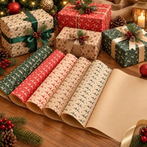 Christmas Elk Design Wrapping Paper 70*50cm Christmas Gift Wrapping Paper, Brown Kraft Christmas Wrapping Paper for Christmas, Party, and Festive Decorations.