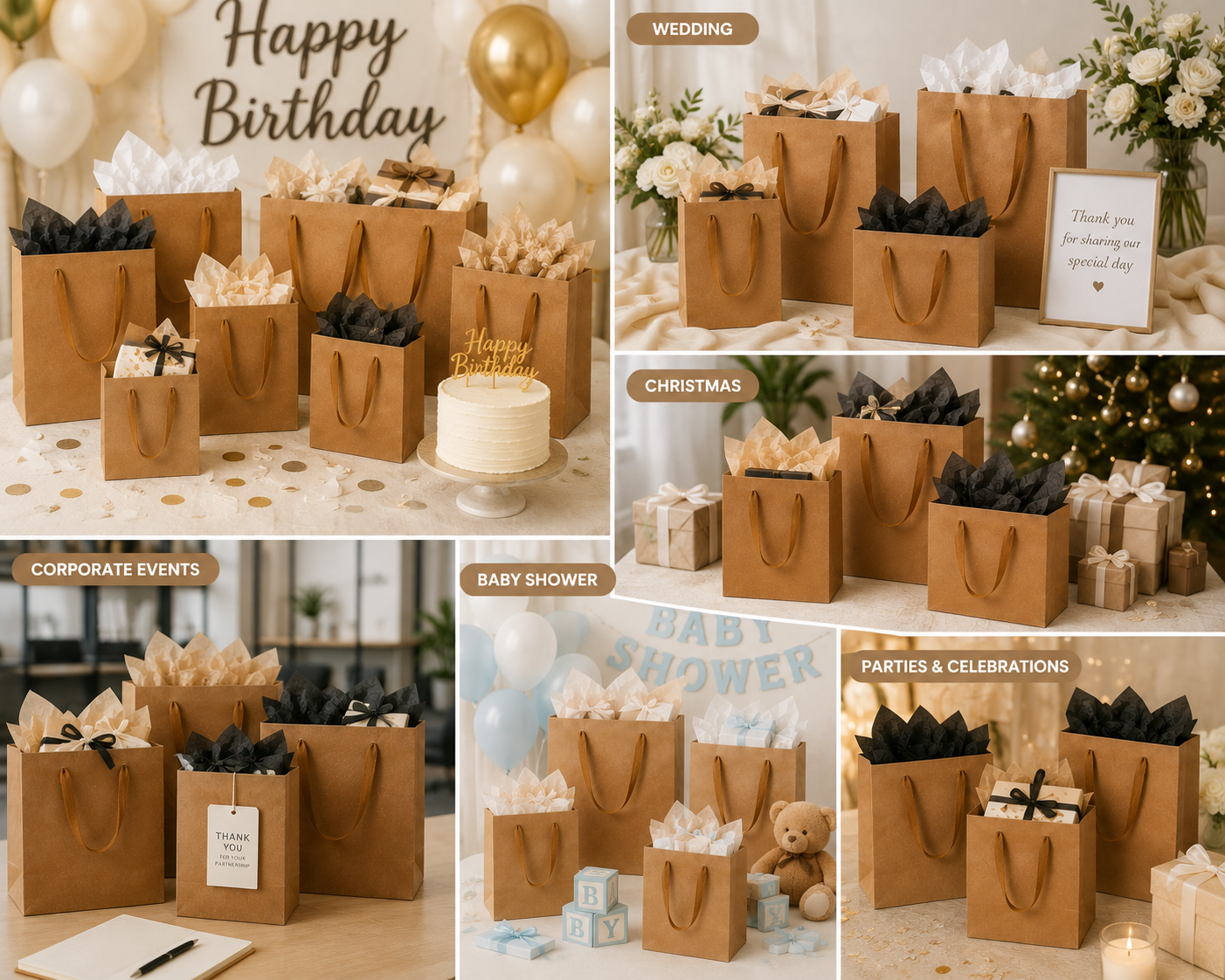 Kraft Plain Paper Shopping Gift Bags 230 GSM Heavy Duty Thick Paper Carry Bags with Soft Ribbon Handles, Brown Packaging Bags for Retail, Party Favors, Weddings & Birthdays - Image 3