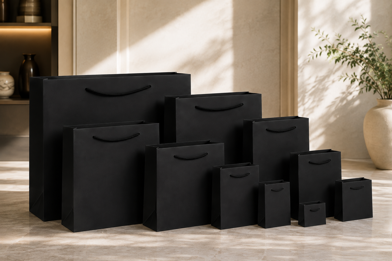 Black textured paper gift bags with handles in assorted sizes