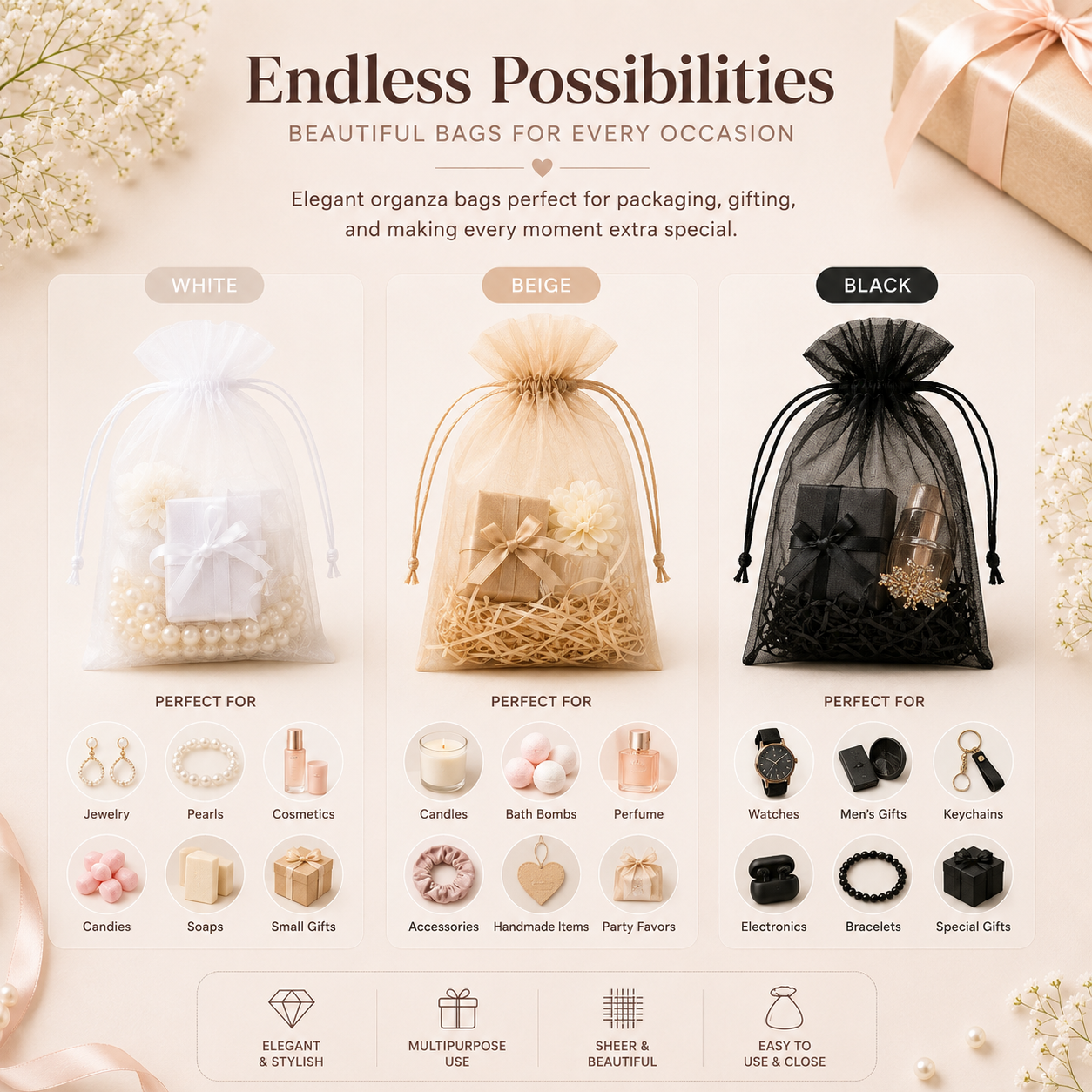 Pack Of 25 pcs 20x30 cm Drawstring Organza Pouches (3 Colors Available), Premium Jewelry Pouches, Party Festival Gift Pouches. - Image 3