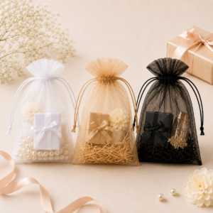 Pack Of 25 pcs 20x30 cm Drawstring Organza Pouches (3 Colors Available), Premium Jewelry Pouches, Party Festival Gift Pouches.