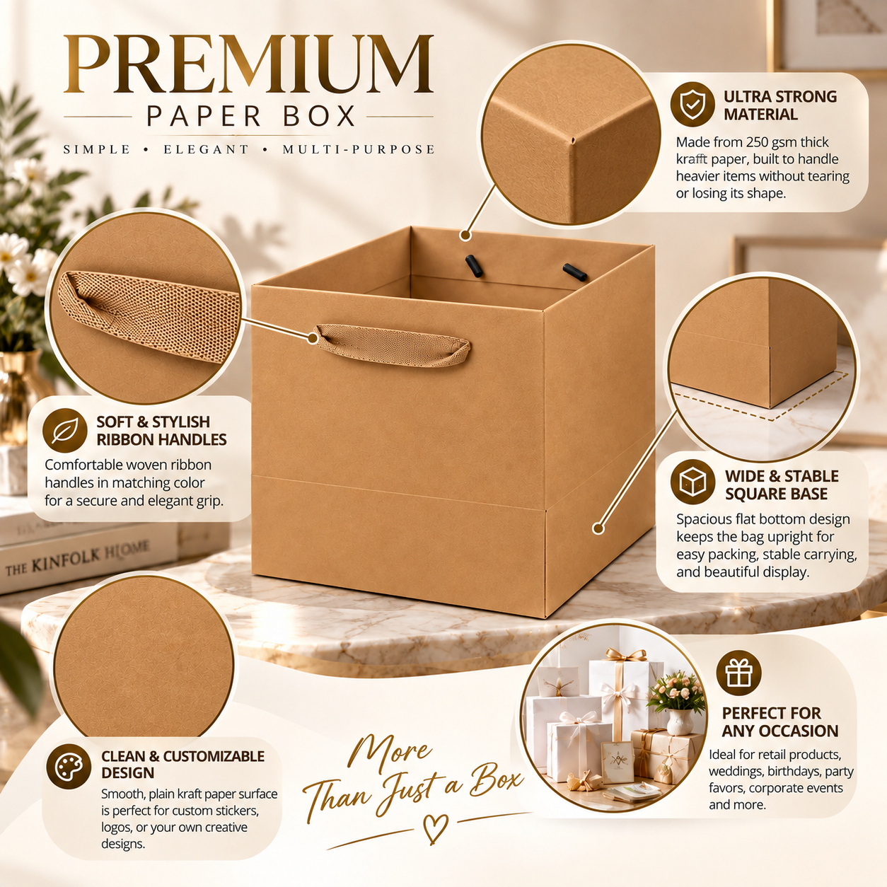 Kraft Paper Shopping Bags 250 gsm with ribbon handles